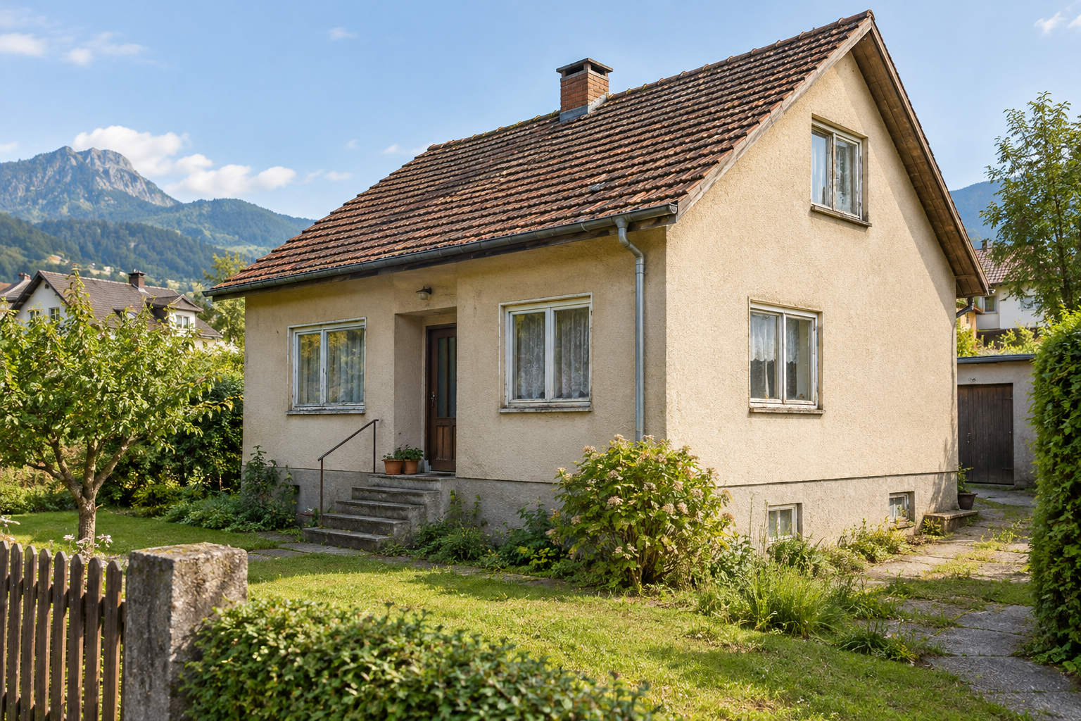 Älteres Haus mit Garten und sanierungsbedürftiger Fassade