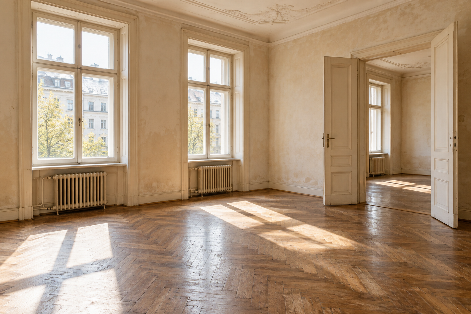 Leere Altbauwohnung mit erhaltenem Parkett und hohen Fenstern